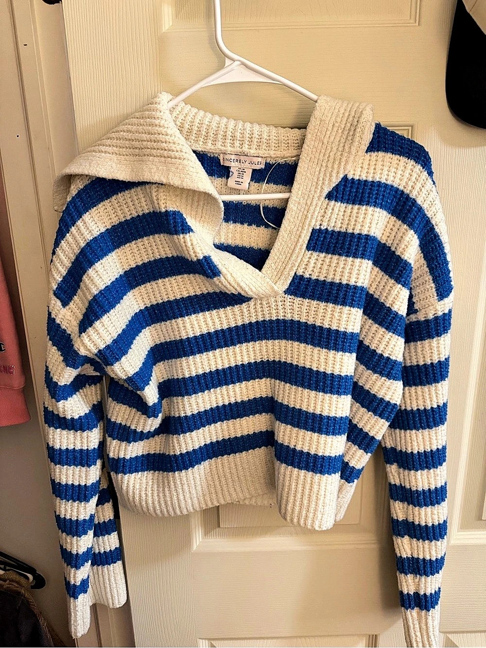Sincerely Jules Striped V-Neck Sweater in Blue & Cream